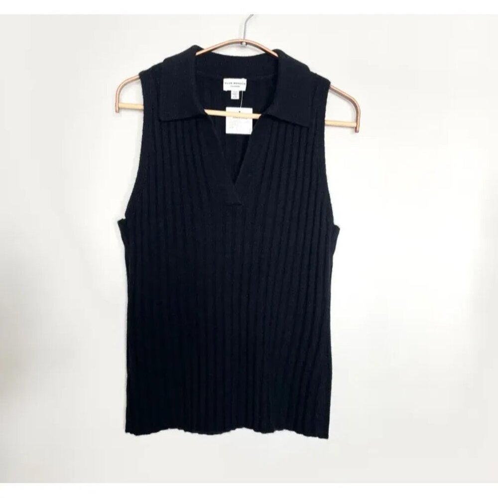 NWT Club Monaco 100% Cashmere Johnny Collar Tank Polo Neck Sweater Black Ribbed